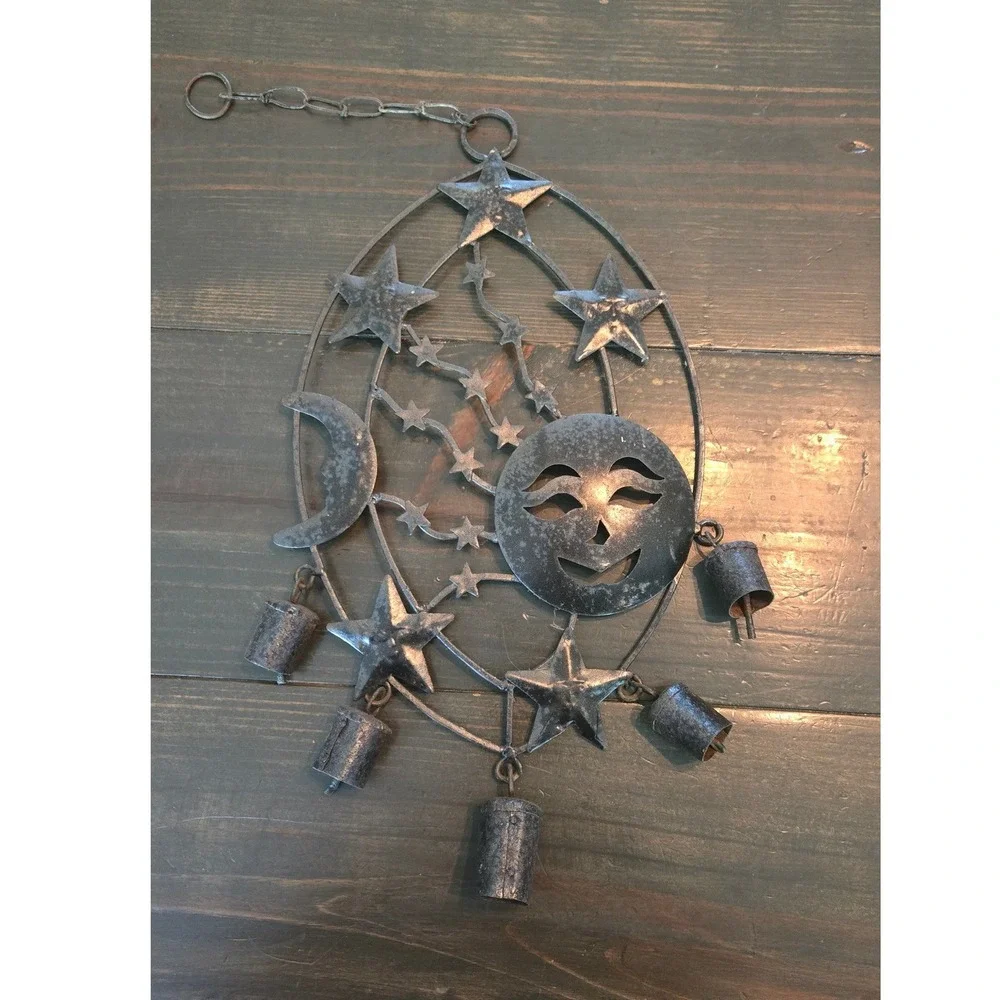 Vintage Celestial Sun Moon Stars Hanging Bell Chime Metal Wall Decor‎ Boho